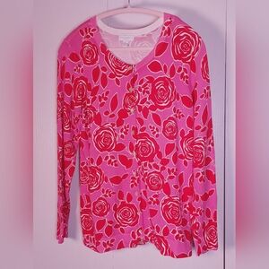 Charter Club Long Sleeve Button Front Cardigan Sweater Size 1X Pink Red Roses